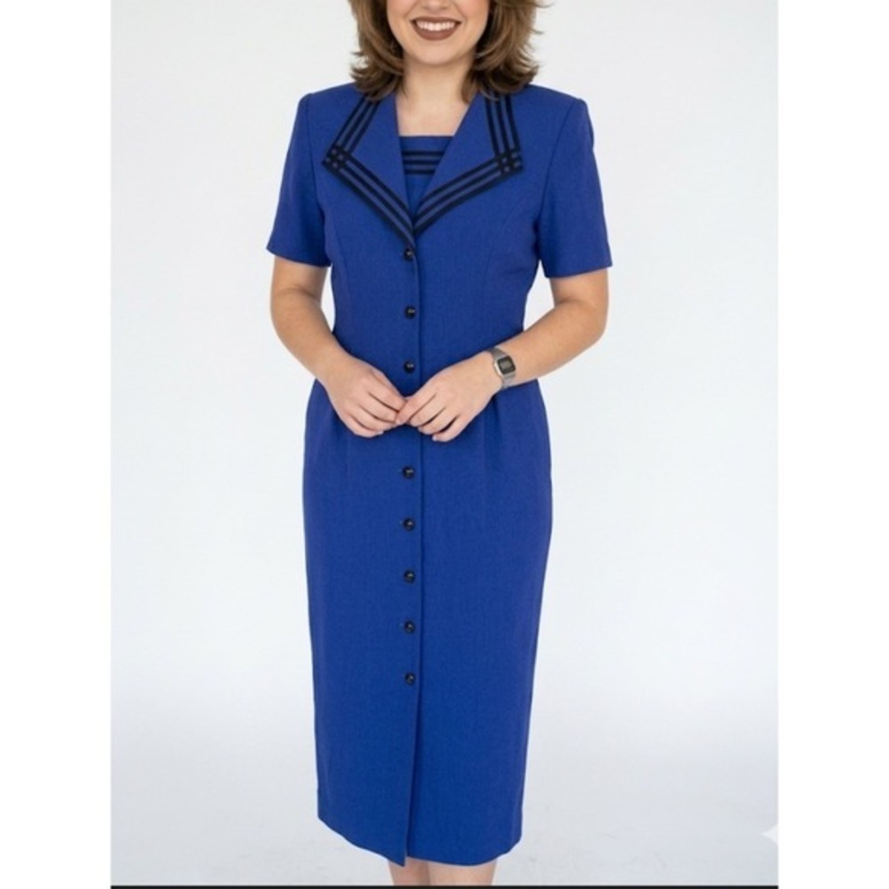 MISS DORBY Vintage Size 8 Blue Black 90s Feminine Button Front Sheath Dress